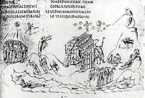 Verschillende scènes die een van de Psalmen illustreren, uit de Utrechtse Psalter, kopie van origineel uit Reims nu in de Universiteitsbibliotheek Utrecht door Carolingian School