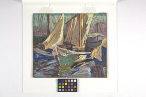 Vissersboten in de haven (gouache op bruin papier) door Carolyn Bradley