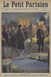 Voorlezing van de akte van afzetting aan Sultan Abdul Hamid II in het Yildiz-paleis, Constantinopel