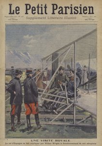 Wilbur Wright legt de werking van zijn vliegtuig uit aan koning Alfonso XIII van Spanje