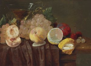 Druiven, perziken, een citroen, pruimen, kersen en een roemer op een gedeeltelijk gedekte tafel door Carstian Luyckx