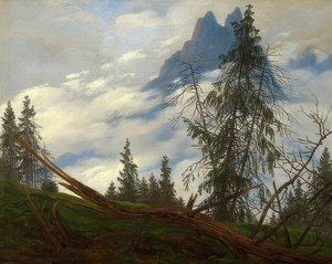 Bergtop met voorbijtrekkende wolken. Rond 1835 door Caspar David Friedrich