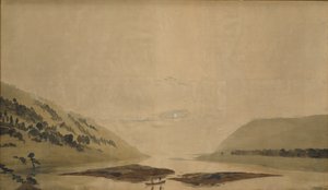 Bergachtig landschap met rivier in de ochtend door Caspar David Friedrich