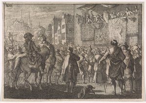 Afkondiging van de Vrede van Osnabrück in een stad, 1648 door Caspar Luyken (attributed to)