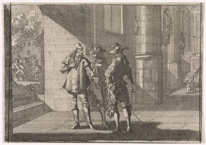 Masaniello praat met twee edellieden in een kerk, 1647