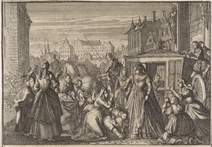 Vrouwen knielen te Parijs voor koningin Anna en smeken haar de belastingen te verlagen, 1645 door Caspar Luyken (attributed to)