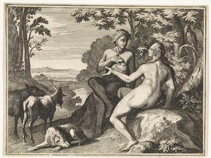Adam en Eva omringd door de dieren in het paradijs door Caspar Luyken
