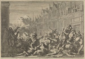 Angers bezet door aanhangers van Mazarin die in een hinderlaag van tien kanonnen van gouverneur De Rohan lopen, 1652 door Caspar Luyken