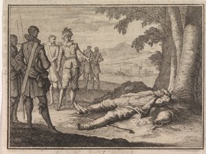 Filips de Goede vindt een beschonken boer onder een boom door Caspar Luyken