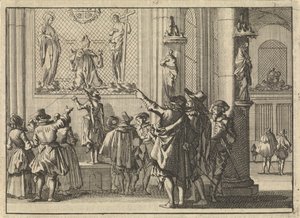 Geschilderd venster, na de verovering van Den Bosch in de kerk aldaar gevonden, voorstellende bisschop Gisbertus Marius tussen Christus en Maria, 1629 door Caspar Luyken