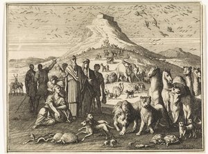 Noach, zijn familie en de dieren verlaten de ark door Caspar Luyken