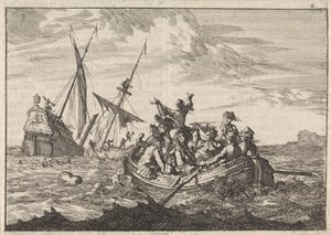 Schipbreuk van de hertog van York onderweg naar Edinburg, 1683 door Caspar Luyken