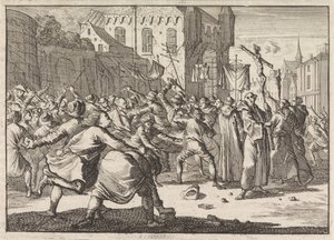 Processie begroet met steenworpen in Danzig, 1678 door Caspar Luyken