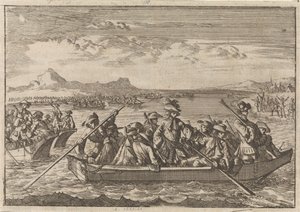 Uit Savoye verjaagde Waldenzen keren in schuiten over het meer van Genève terug naar hun land, 1689