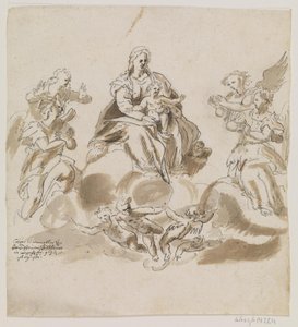 Maagd Maria met kind in de hemel omringd door engelen en putti door Caspar Menneler