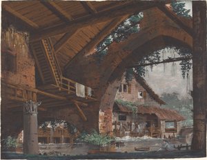 Architectonische fantasie van antieke ruïnes met een watermolen door Caspar Wolf