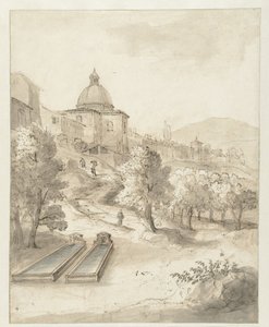Italiaans landschap met een stad op een heuvel door Caspar van Wittel