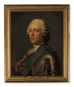 Prins Charles Edward Stuart, in harnas, met blauwe sjerp van de Orde van de Kousenband