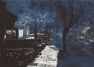 Geluid van muziek in de buitenwijken, 2012 (linoleumsnede en ets) door Catherine Sutcliffe Fuller