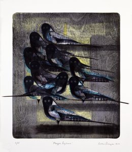 Ritme van de ekster, 2016 (mokulitolitho met inkleuring met de hand)