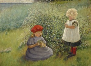 Twee meisjes plukken bloemen