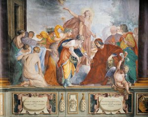 Lorenzo verwelkomt de Muzen en de Deugden vergezeld door Apollo naar Florence, door Francesco Montelatici bekend als Cecco Bravo, fresco door Cecco  Bravo