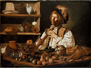 Interieur met een jonge man die een blokfluit vasthoudt