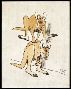 Komische kangoeroes. Twee kangoeroes spelen een schaapsprong. door Cecil Charles Windsor Aldin