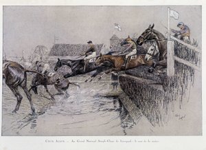 De Grand National Steeple Chase in Liverpool: De sprong over de rivier - tekening door Cecil adlin
