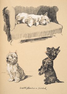 West Highlanders en Schotten, 1930, Illustraties uit zijn schetsboek gebruikt voor Just Among Friends, later gepubliceerd door Eyre en Spottiswoode Limited, 1934