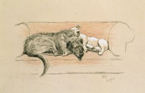 Wolfshond en Bull Terrier Slapend op een Bank door Cecil Charles Windsor Aldin