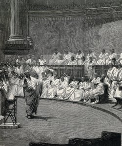 Cicero beschuldigt de samenzweerder Catilina (gravure) door Cesare (after) Maccari