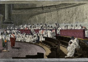 Cicero beschuldigt de samenzweerder Catilina op 8 november 63 v.Chr. De scène speelt zich af in Rome in de Senaat, gegraveerd naar de fresco gemaakt tussen 1882 en 1888 door Cesare Maccari. Rome Palazzo Madama. door Cesare (after) Maccari