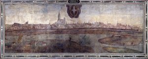 Uitzicht op de stad Wenen, Oostenrijk. Uitzicht op de steden van het Habsburgse Rijk. Fresco van het Michelozzo Hof in het Palazzo Vecchio in Florence. Schilderij door Sebastiano Veronese Giovanni Lombardi, Cesare Baglioni en Turino da Piamonte, circa 1565 door Cesare Baglioni
