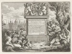 Opdracht aan en wapen van Agostino Chigi en gezicht op Rome door Cesare Fantetti