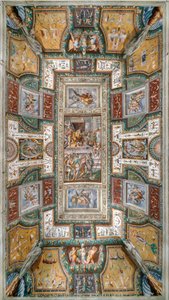 Pier Maria Rossi met de eer van de Orde van Sint-Michiel, Zicht op het plafond van de Sala delle Gesta Rossiane, Rocca dei Rossi, San Secondo, Parma, Italië, ca.1570 door Cesare and Jacopo Bertoia and others Baglione