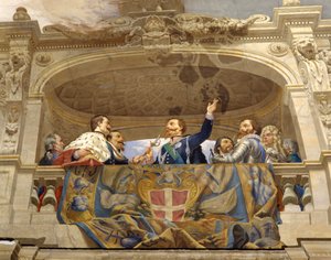 Carlo Alberto geeft het zwaard aan Vittorio Emanuele II (detail)