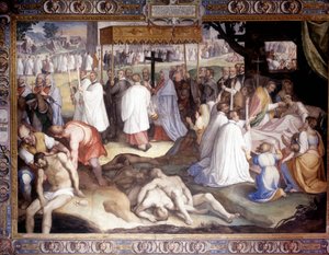 Pest van Milaan: Sint Charles Borromeo (San Carlo Borromeo) (1538 - 1584) communiceert de stervenden. Fresco door Carlo Nebbia in het Borromeo College in Pavia. 16e eeuw door Cesare Nebbia