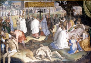 Sint Charles Borromeo communiceerde de stervende pestlijders tijdens de pest van 1575 tot 1577 in het lazaret van Milaan. Fresco door Charles Nebbia in het Borromeo College in Pavia (Milaan) door Cesare Nebbia