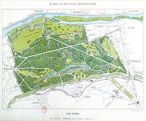 Plan van het Bois de Boulogne in Parijs, uitgegeven door Caudrilier, 1860 door Ch. Walter