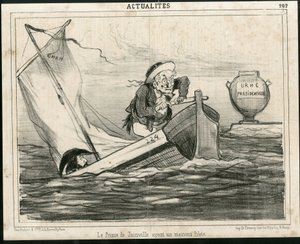 Illustratie van Cham (1819-1879) in Le Charivari, circa 1850 - De Prins van Joinville met een slechte piloot - Verkiezingen, President van de Republiek, Maritieme Marine Nautique Balneaire - Thiers Adolphe, Francois d