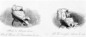 Satirische tekening over de bourgeoisie ten tijde van de Franse revolutie. "Mode van hoge dassen: onder de Terreur verstopten de schoonheden hun hoofden... Na de Terreur... Hé, daar is hij!" In "Tortures de la mode" door Cham