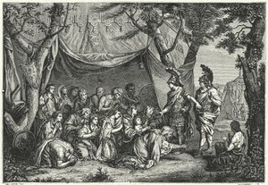 De koninginnen van Perzië aan de voeten van Alexander (gravure) door Charles (after) Le Brun