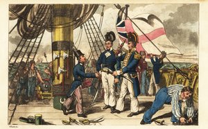 Kapitein Spring maakt adelborst Newcome zijn adjudant en overhandigt hem zijn zwaard op het achterdek van HMS Victory