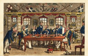 Adelborst Newcome buigt als hij het diner verlaat in de kapiteinshut, HMS Victory