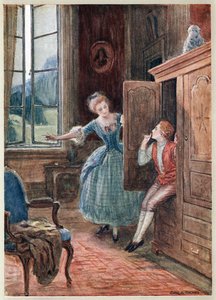 Scène uit Mozarts opera De Huwelijk van Figaro. (Le Nozze di Figaro), komische opera (opera buffa) met libretto door Lorenzo da Ponte (1749-1838) naar Beaumarchais, voor het eerst uitgevoerd op 1 mei 1786 in het Burgtheater, Wenen.