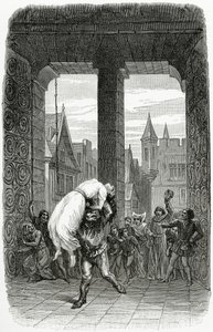 Quasimodo redt Esmeralda van executie - illustratie uit Notre Dame de Paris, 19e eeuw door Charles Alexandre Lesueur