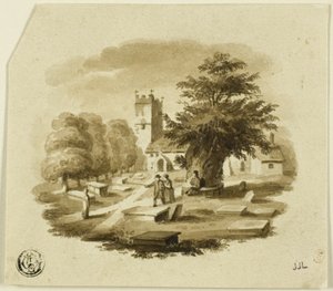 Figuren op een begraafplaats nabij een kerk