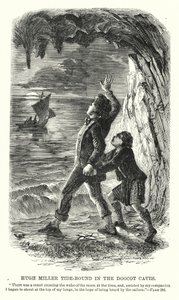 Hugh Miller vastgebonden in de Doocot Grotten (gravure) door Charles Altamont Doyle