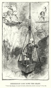Stephenson gaat de schacht in (gravure)